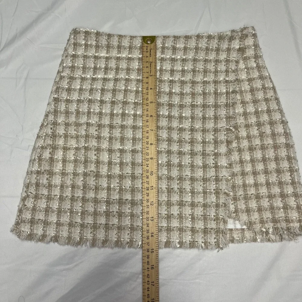 Lulus Tan Plaid Tweed Faux Wrap‎ Mini Skirt Metallic Small